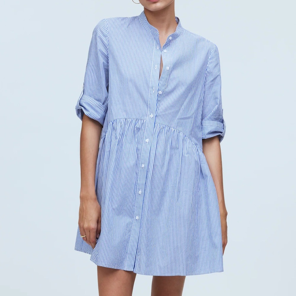 Madewell Button-Front Gathered Mini Dress in Stripe Poplin